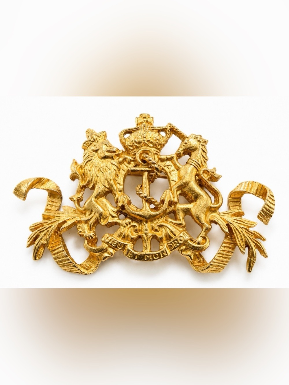 Vintage Monet Gold Tone Heraldic British Royal Navy Coat of Arms Inspired Brooch